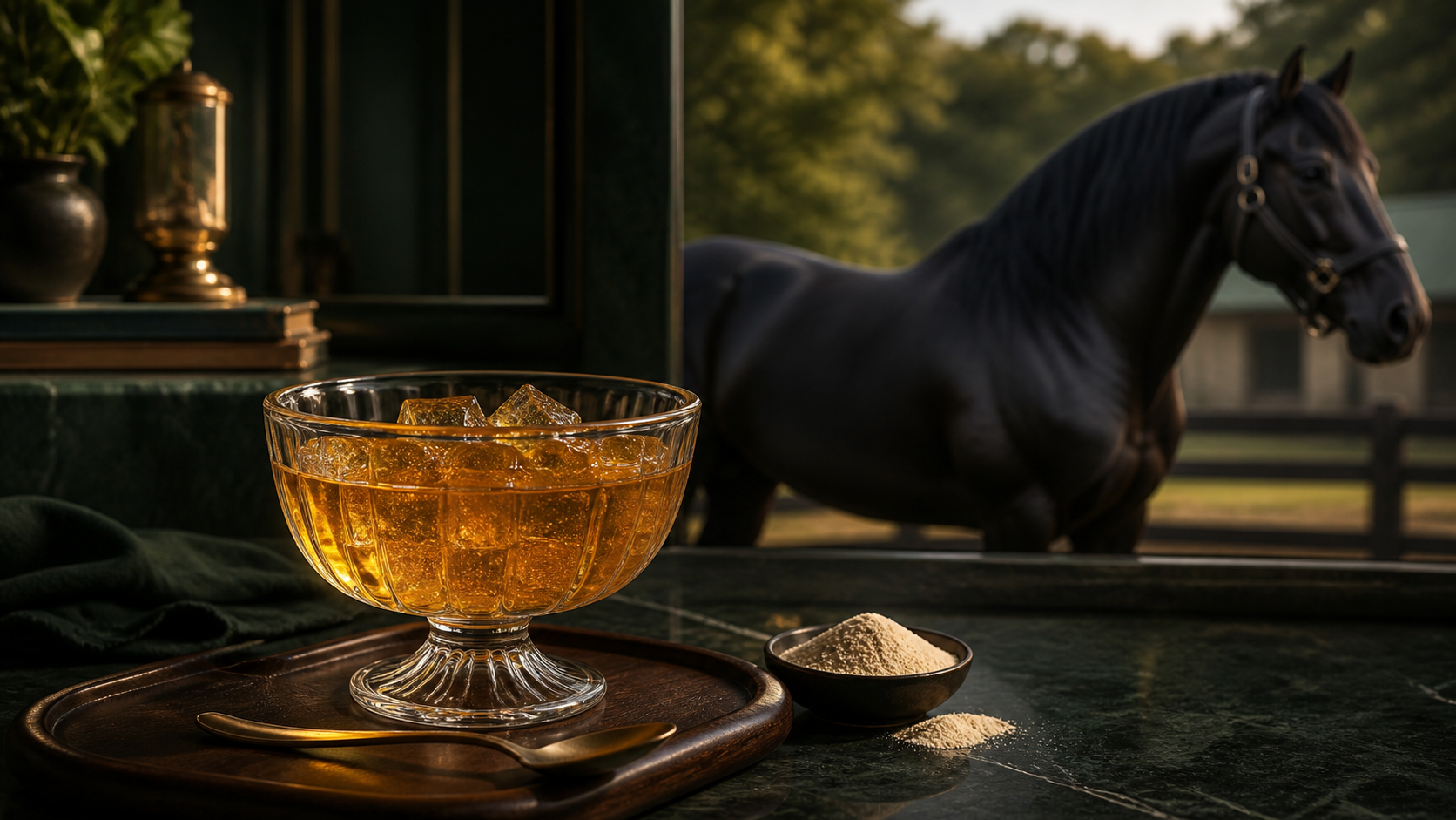 Amber gelatin beside a black Percheron horse, representing the story behind the trend